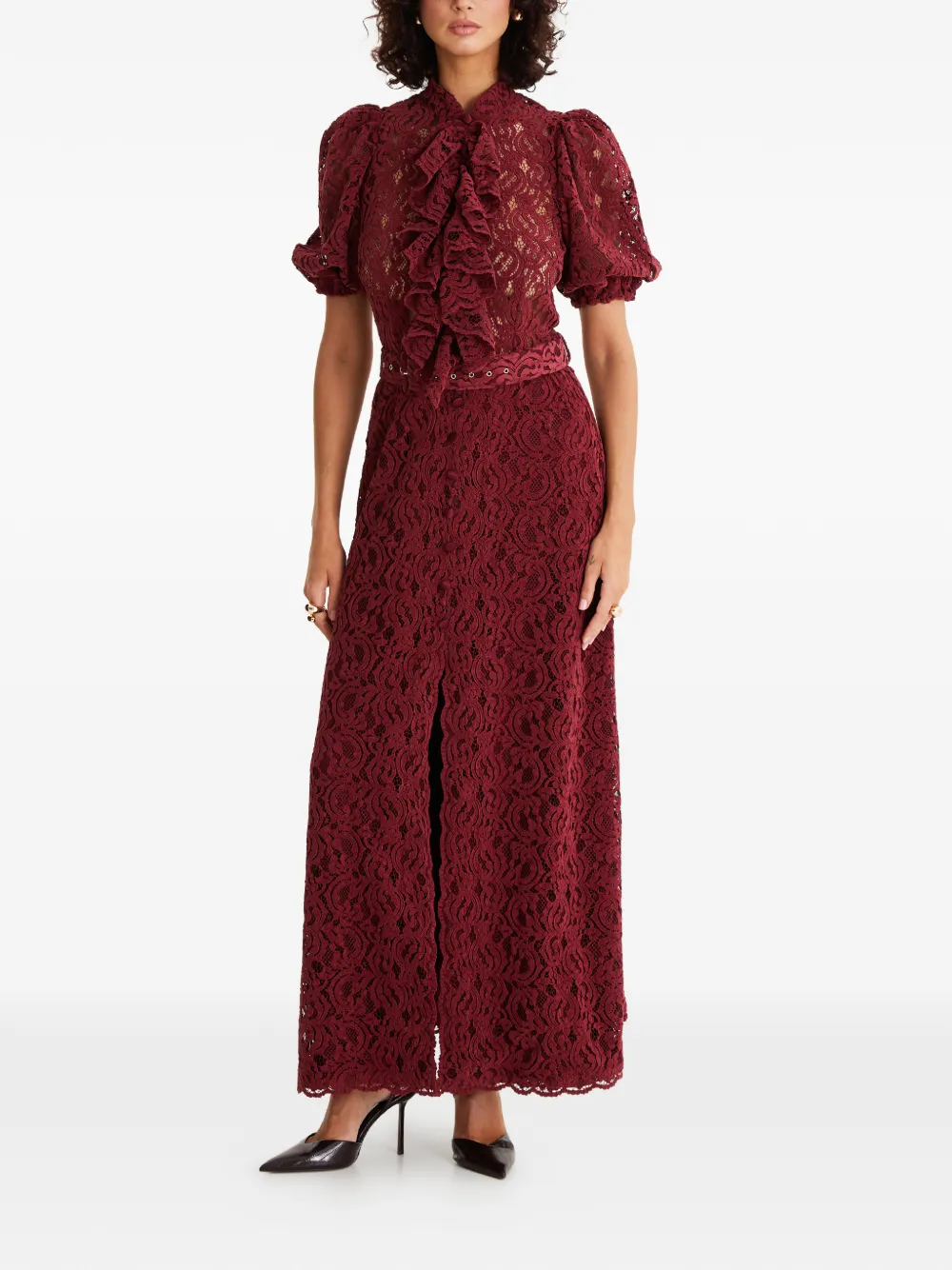 MOOS STUDIO lang Fatal Bloom blondekjole med flæser | rød | Image 1