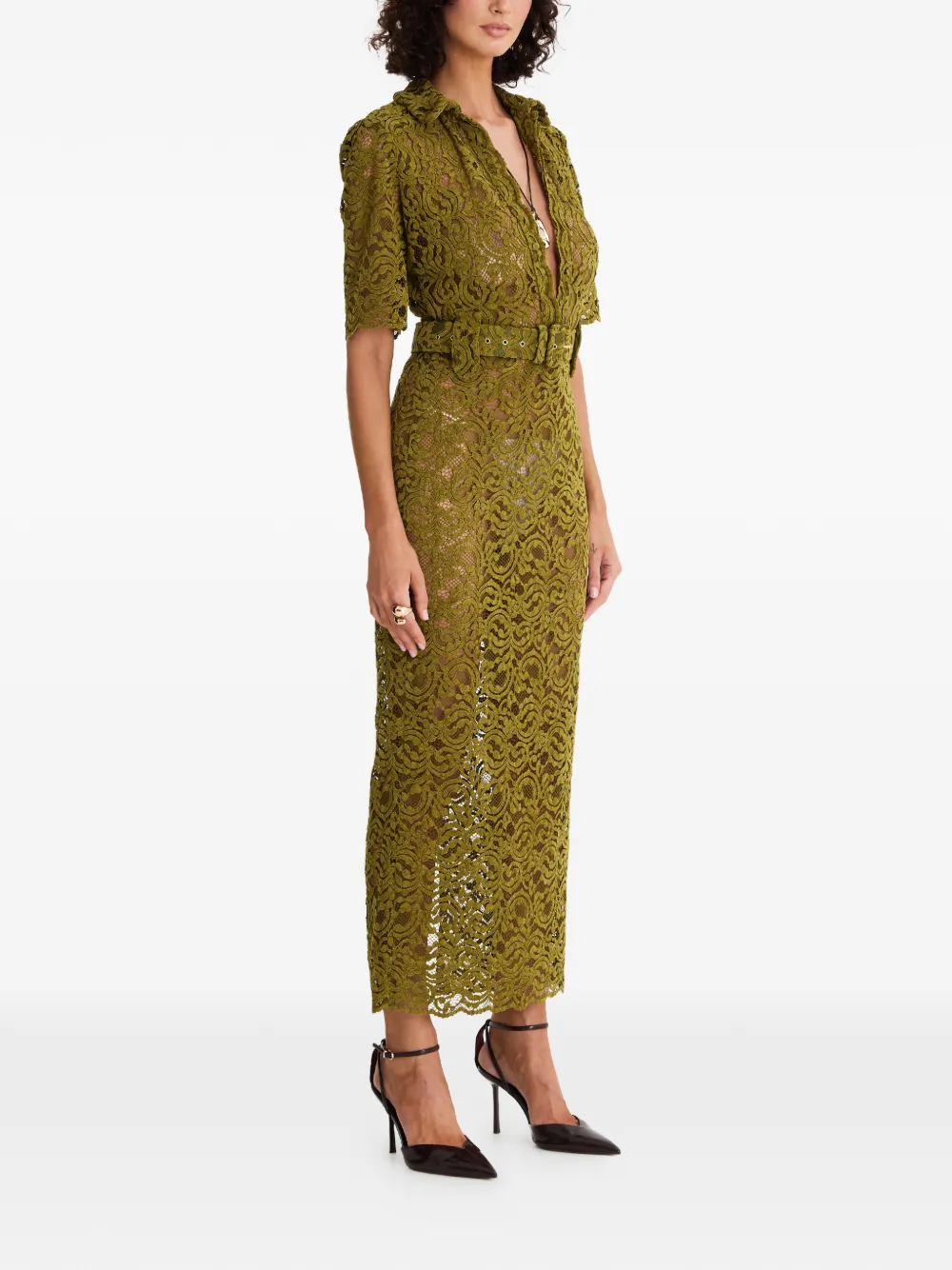 MOOS STUDIO Tropical Sinner lace belted midi dress - Groen