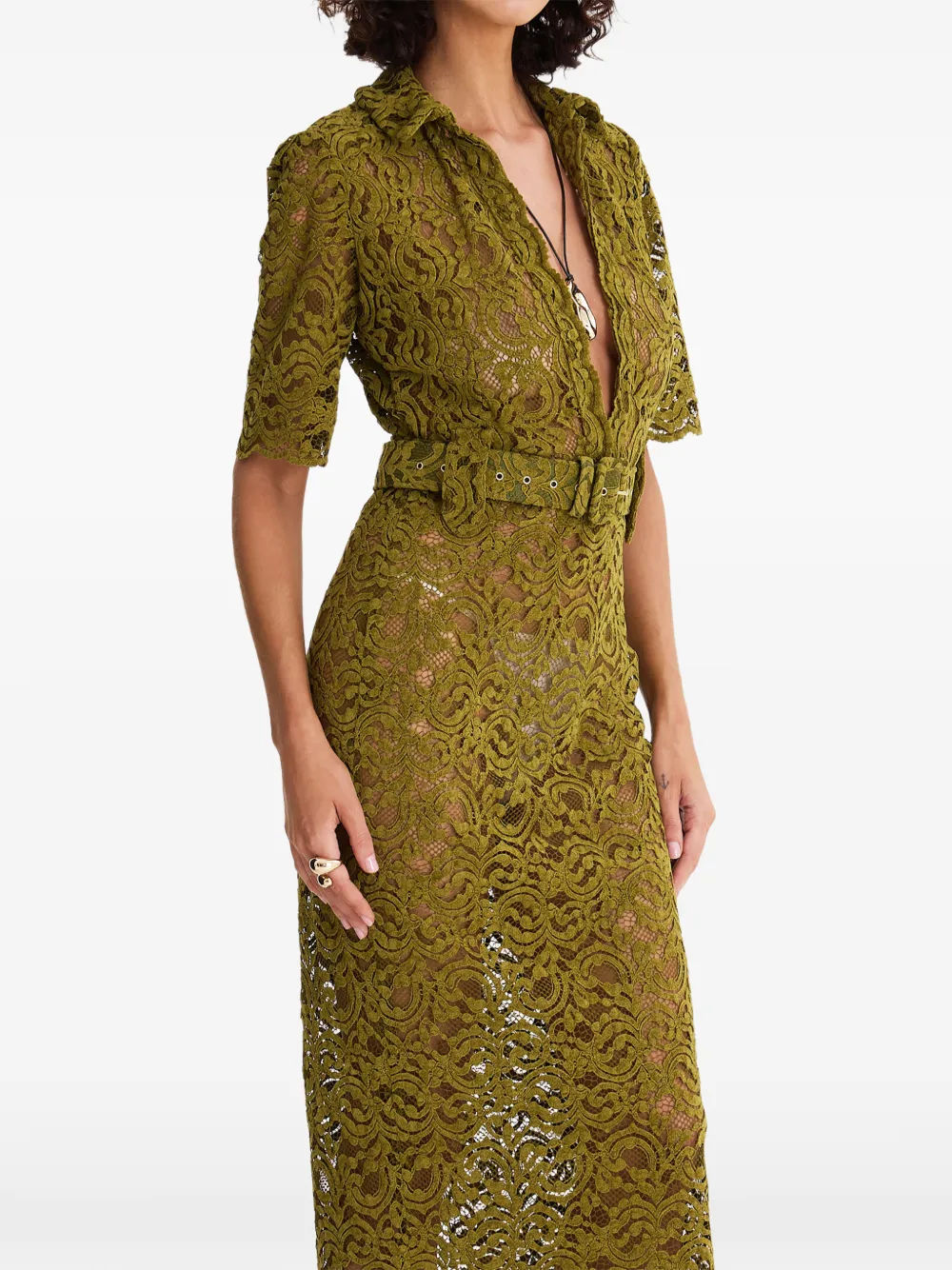  Moos Studio Tropical Sinner Lace Belted Midi Dress - Green 