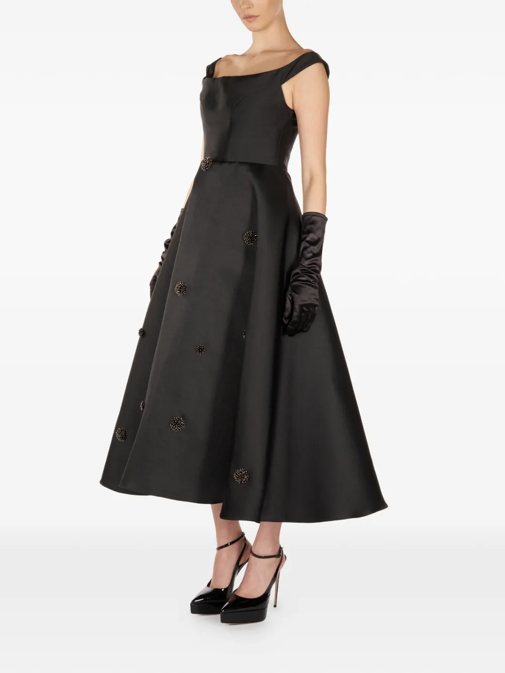 ARAFTU Verfraaide off-shoulder midi-jurk - Zwart