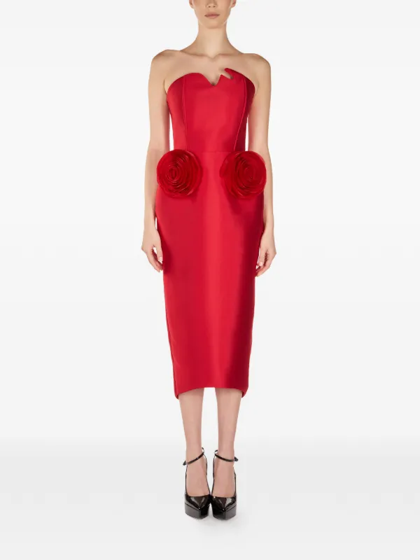Araftu Rose-detail Strapless Midi Dress - Red Araftu Rose-detail Strapless Midi Dress - Red