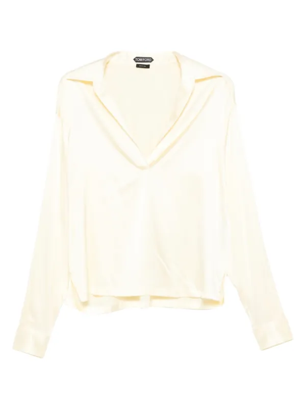 Tom Ford Stretch Silk Satin Polo with Tonal TF Embroidered Logo in Yellow