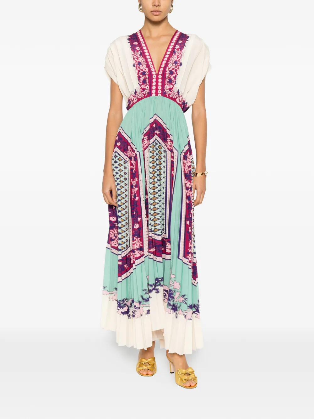 La DoubleJ V-neck floral pleated midi dress - Beige