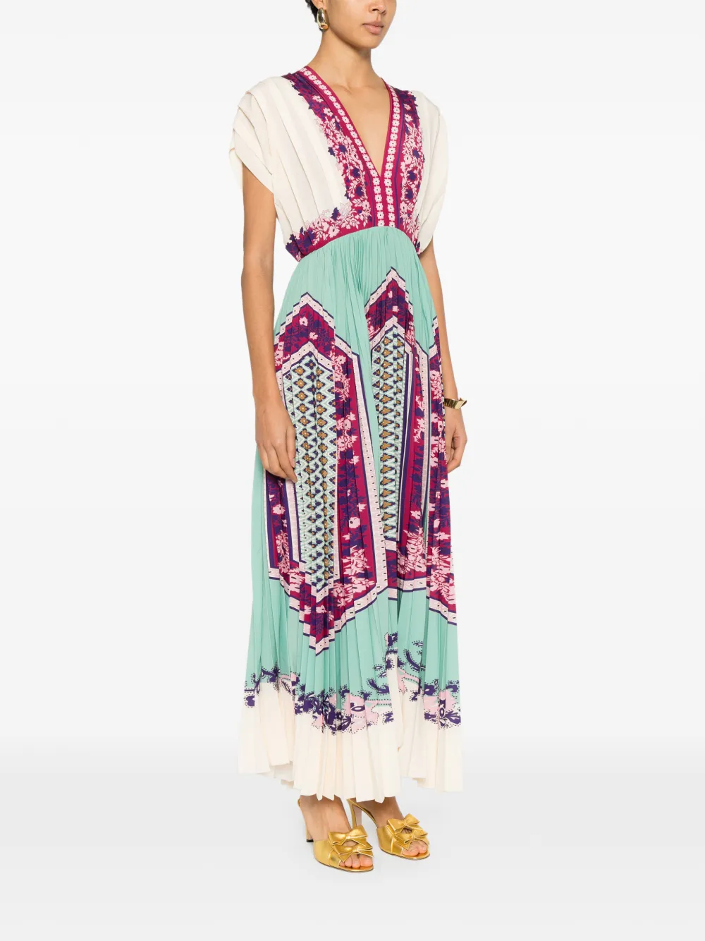 La DoubleJ Geplooide midi-jurk met V-hals en bloemenprint Beige