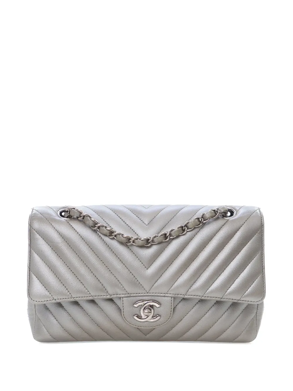 CHANEL Pre-Owned Borsa a spalla Double Flap media in pelle Caviar con motivo chevron 2016-2017 - Argento