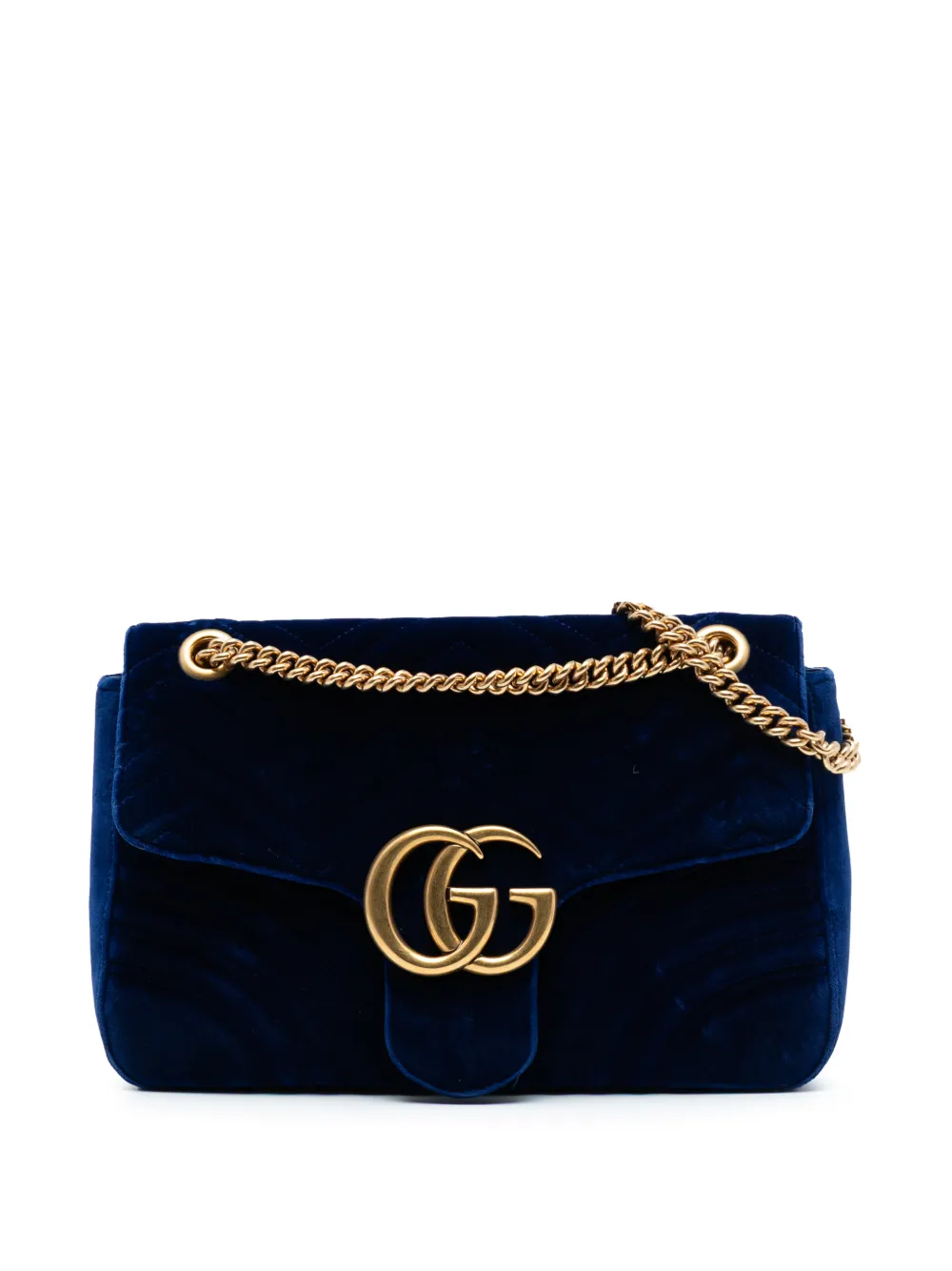 Pre-owned Gucci 2016-2025 Large Gg Marmont Matelasse Velvet Shoulder Bag In Blue