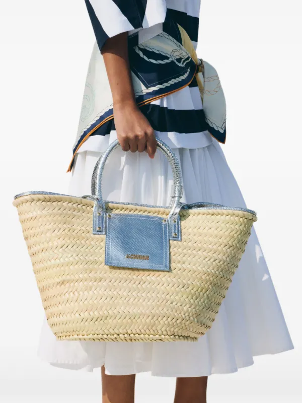 Jacquemus Le Panier Soli Woven Raffia Bucket Bag | Silver | FARFETCH
