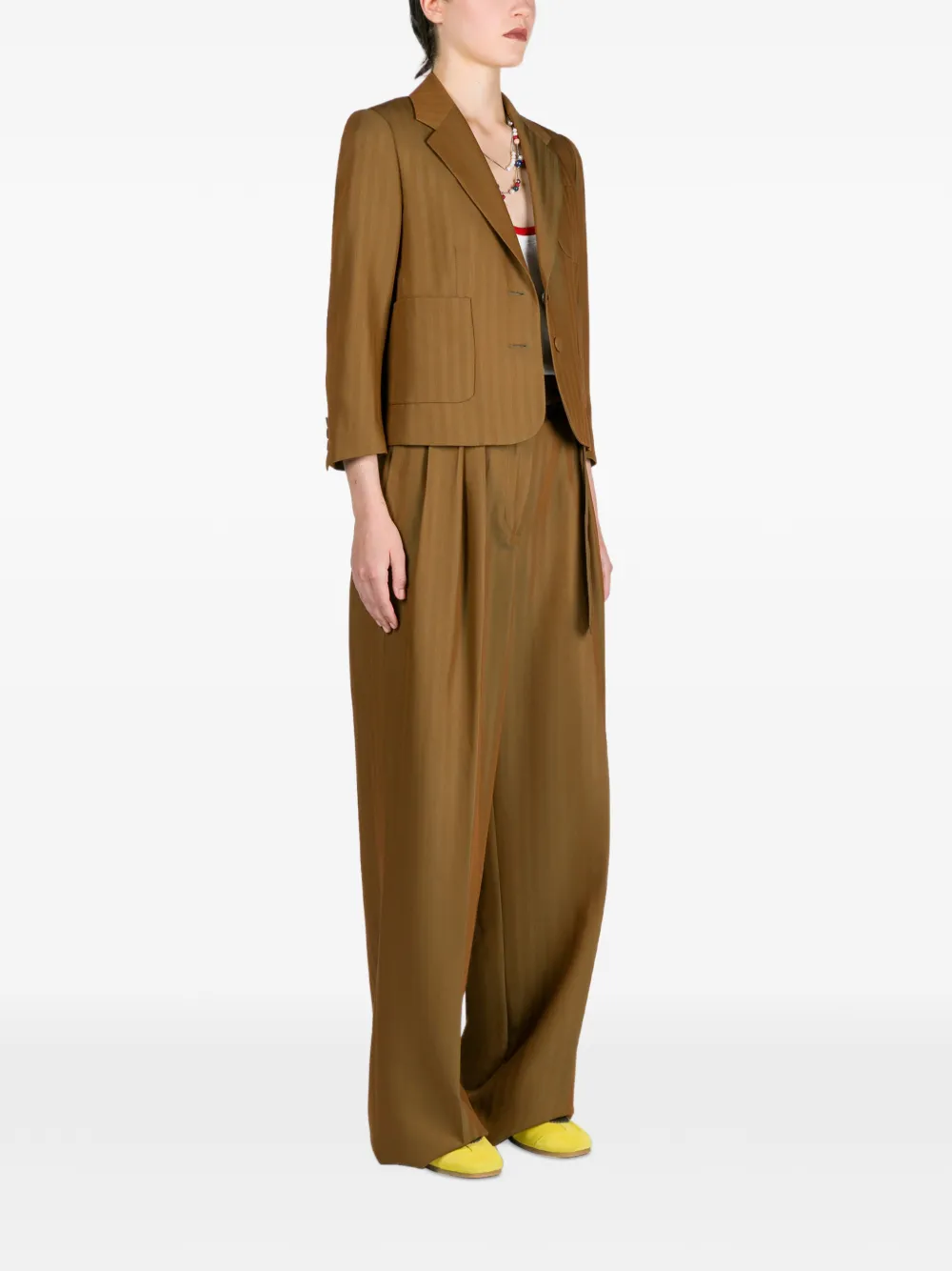 DRIES VAN NOTEN Broek met visgraatpatroon en ceintuur Bruin
