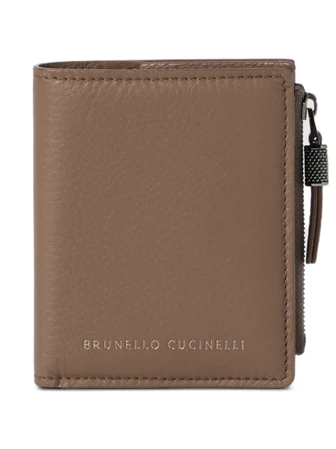 Brunello Cucinelli grained calfskin compact wallet with shiny zipper pull