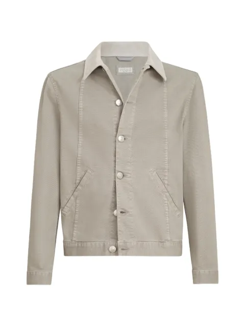 Brunello Cucinelli Garment-dyed outerwear jacket in comfort cotton lightweight denim with leather collar
