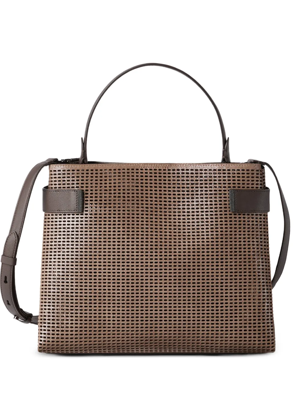 Brunello Cucinelli Essence top-handle bag in sparkling net leather with monili - Marrone