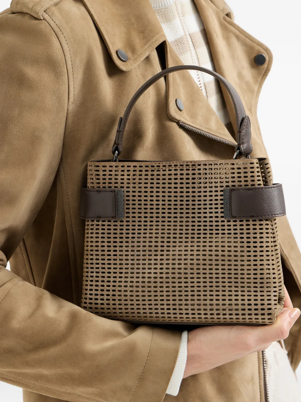  Brunello Cucinelli Small Essence Sparkling Leather Tote Bag - Neutrals 