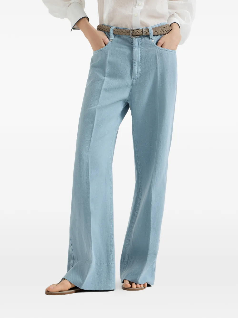 Brunello Cucinelli Ruimvallende broek met monili van katoen en linnen Blauw