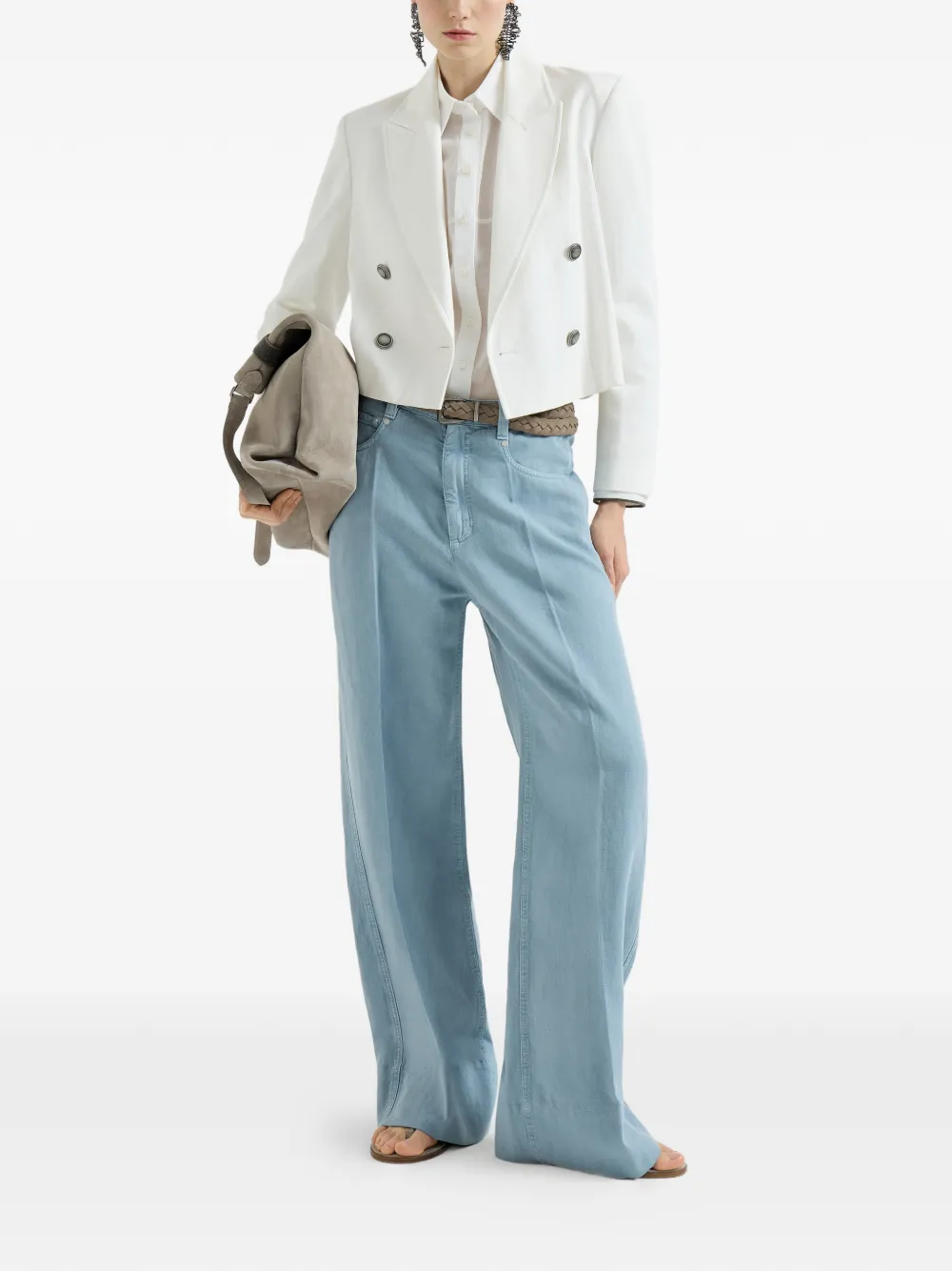 Brunello Cucinelli Ruimvallende broek met monili van katoen en linnen Blauw