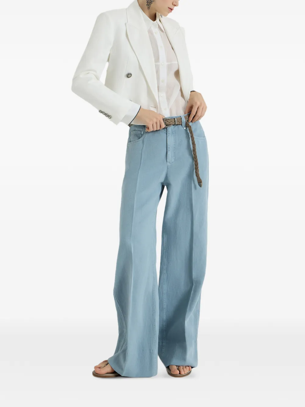 Brunello Cucinelli Ruimvallende broek met monili van katoen en linnen Blauw