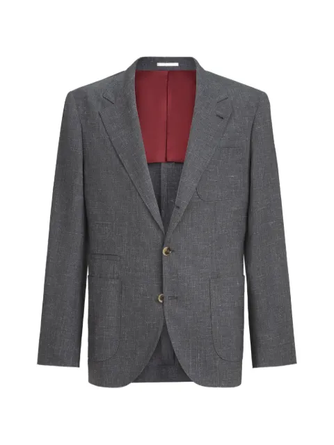 Brunello Cucinelli deconstructed jacket with patch pockets, made from a slub blend of wool, silk, and linen.