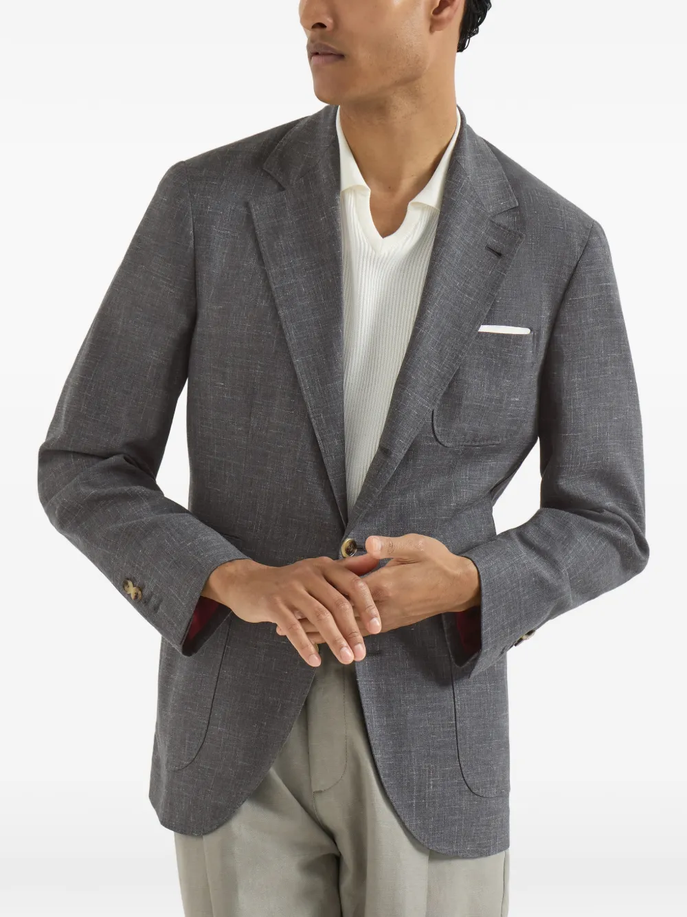 Brunello Cucinelli Geribbelde fresco gedeconstrueerde blazer van wol zijde en linnen met opgestikte zakken Grijs