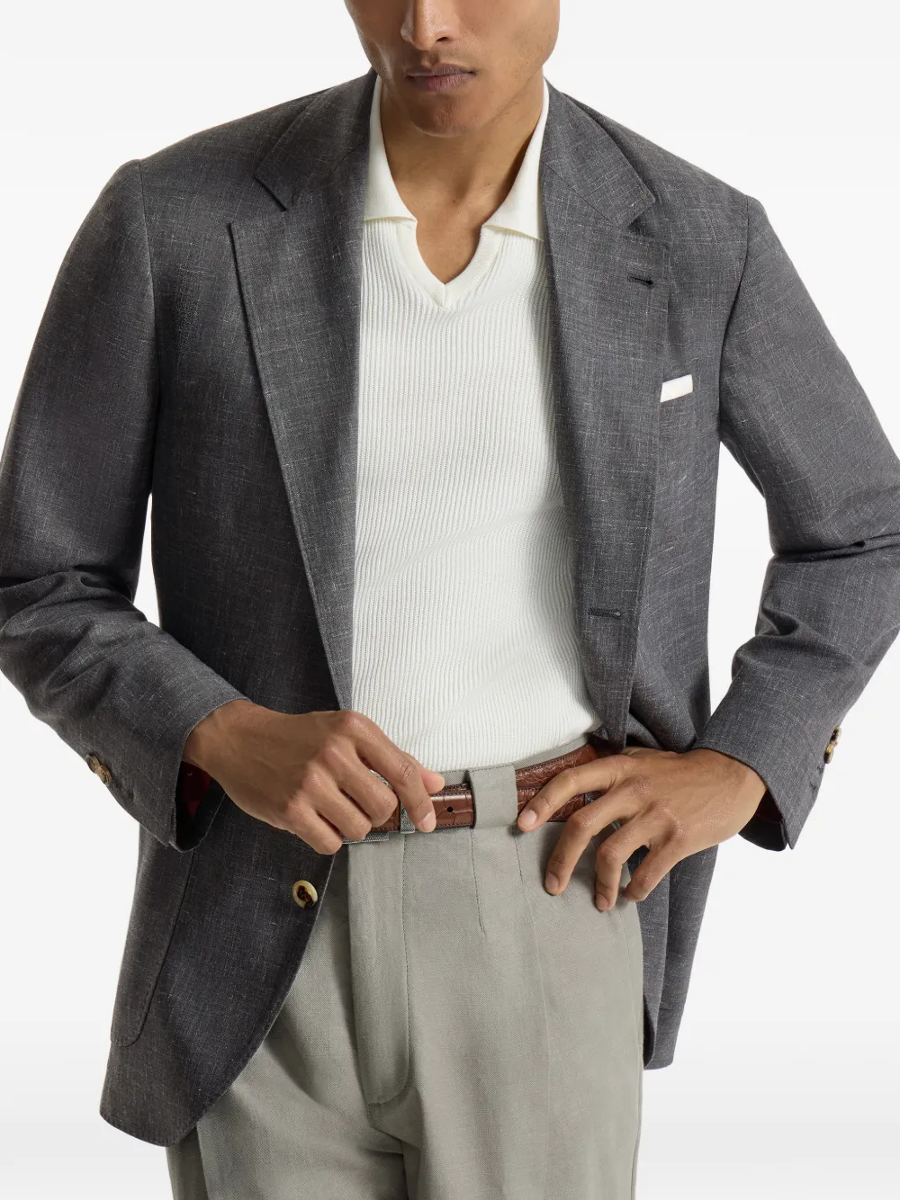Brunello Cucinelli Geribbelde fresco gedeconstrueerde blazer van wol zijde en linnen met opgestikte zakken Grijs