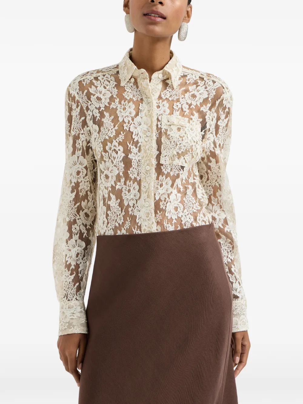 Brunello Cucinelli Blouse met bloemjacquard en kant Beige