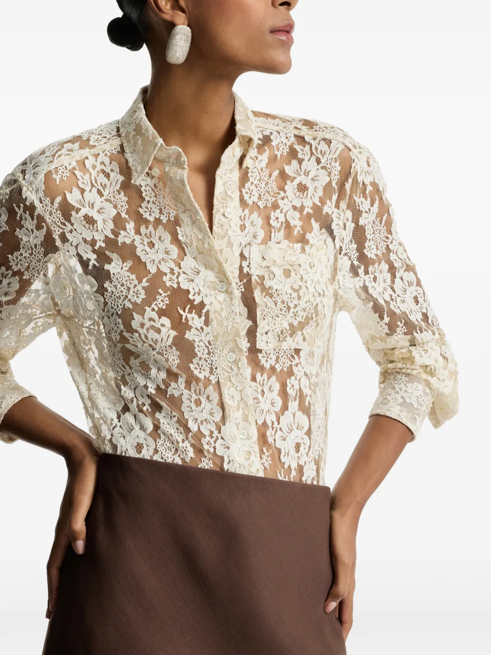 Brunello Cucinelli Blouse met bloemjacquard en kant Beige