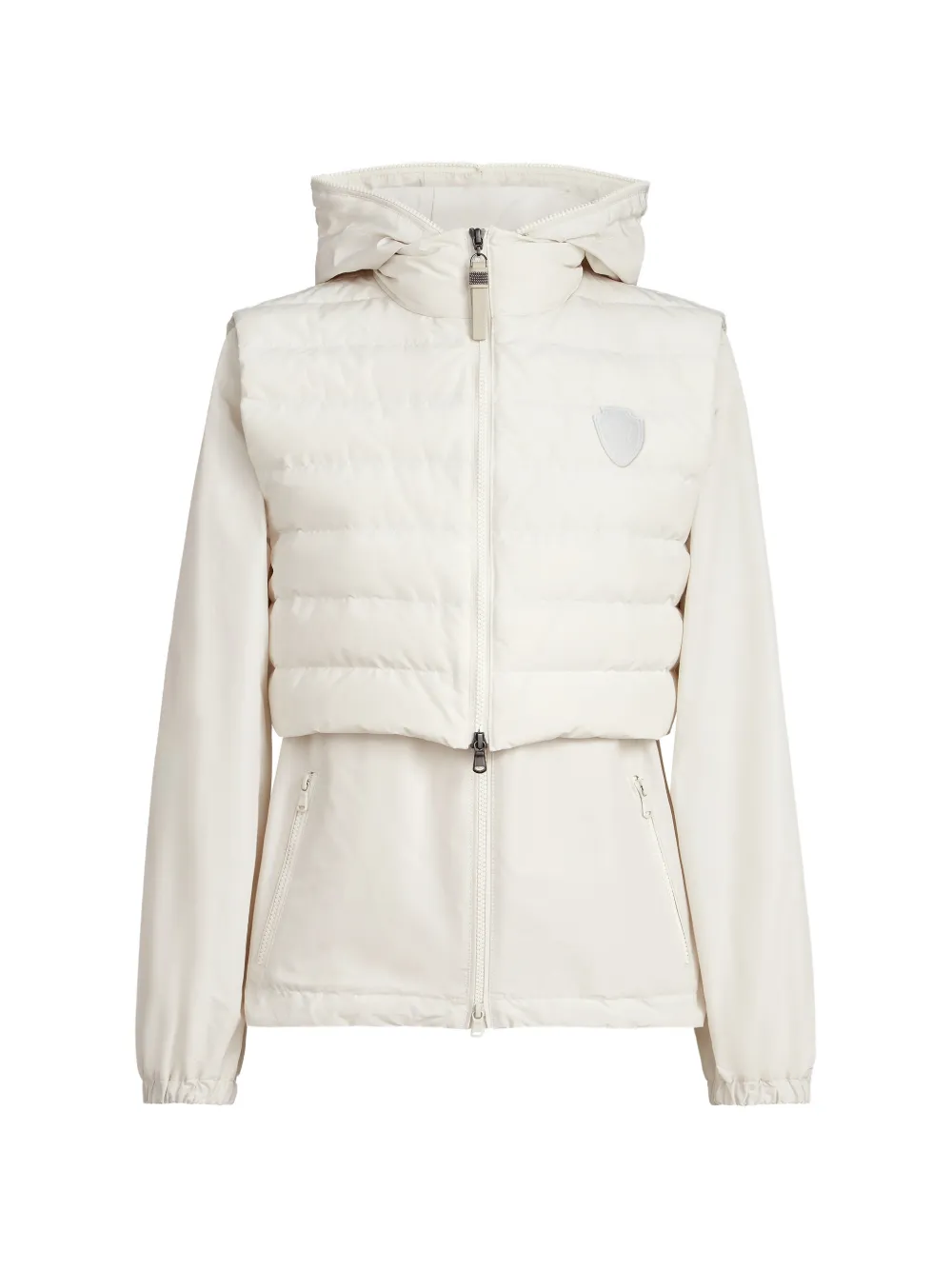 Brunello Cucinelli techno cotton taffeta outerwear jacket with detachable down vest, logo and monili - Toni neutri