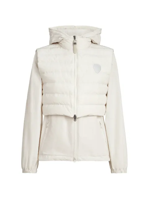 Brunello Cucinelli techno cotton taffeta outerwear jacket with detachable down vest, logo and monili