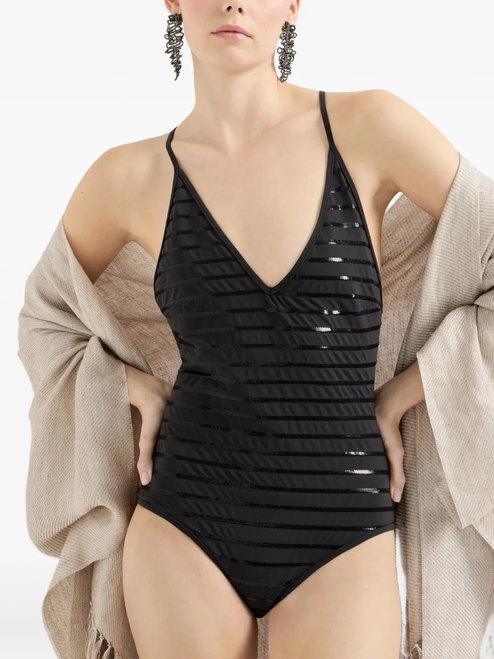 Brunello Cucinelli V-neck Swimsuit in Black, view 2