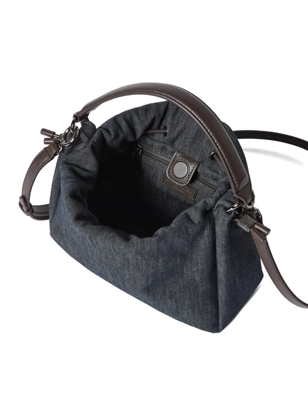 Brunello Cucinelli Mellow kleine katoenen bucket-tas met denim-effect twill en monili Blauw