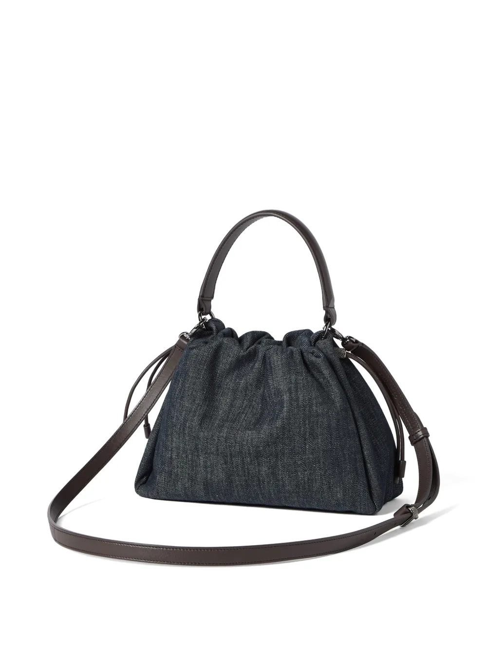  Brunello Cucinelli Borsa A Secchiello Mellow Piccola In Denim Di Cotone Effetto Twill Con Motivo Monili - Blu 