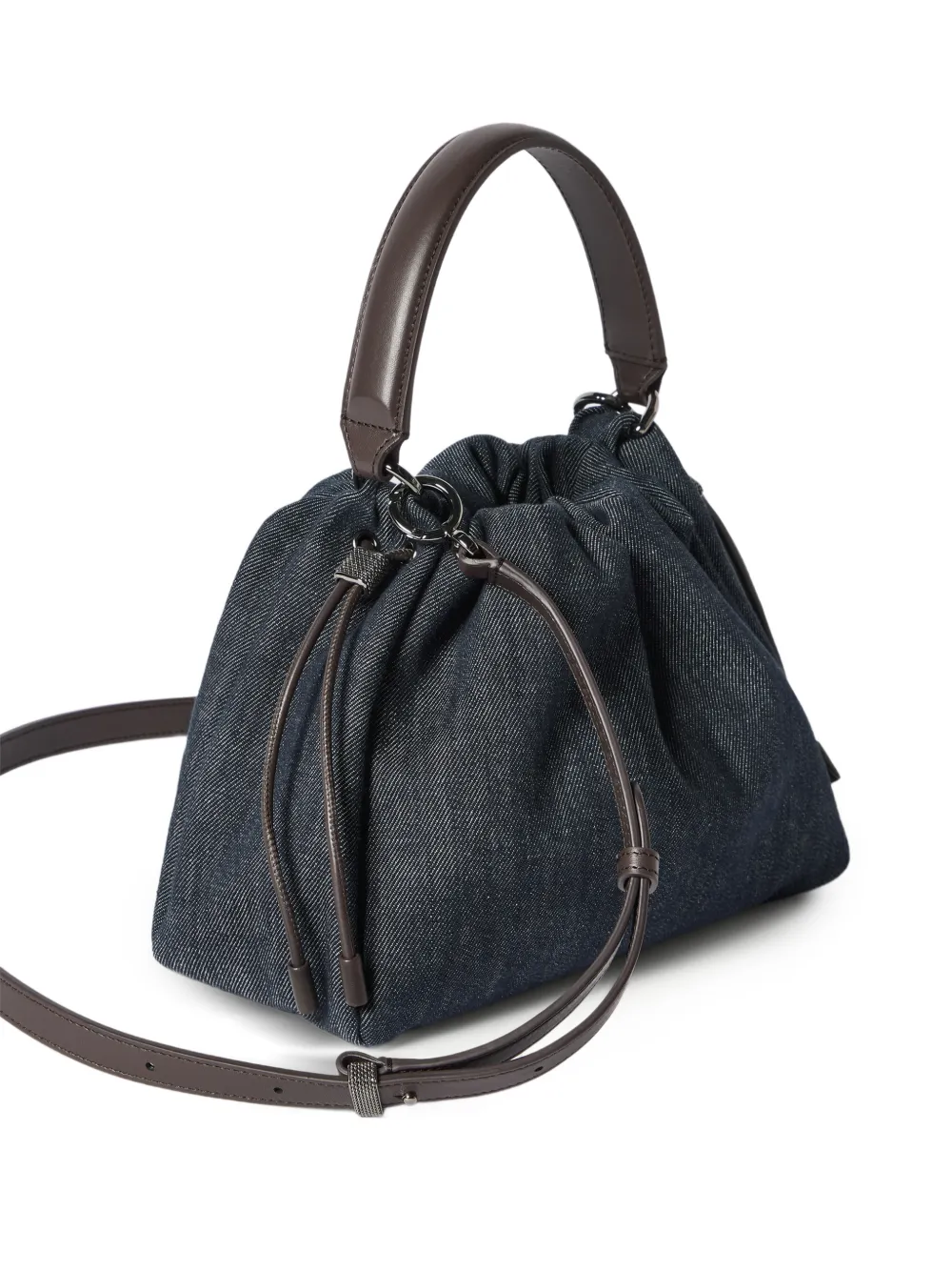 Brunello Cucinelli Mellow kleine katoenen bucket-tas met denim-effect twill en monili Blauw