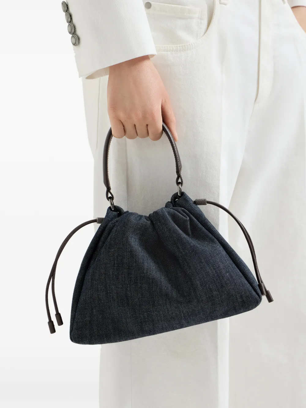  Brunello Cucinelli Borsa A Secchiello Mellow Piccola In Denim Di Cotone Effetto Twill Con Motivo Monili - Blu 