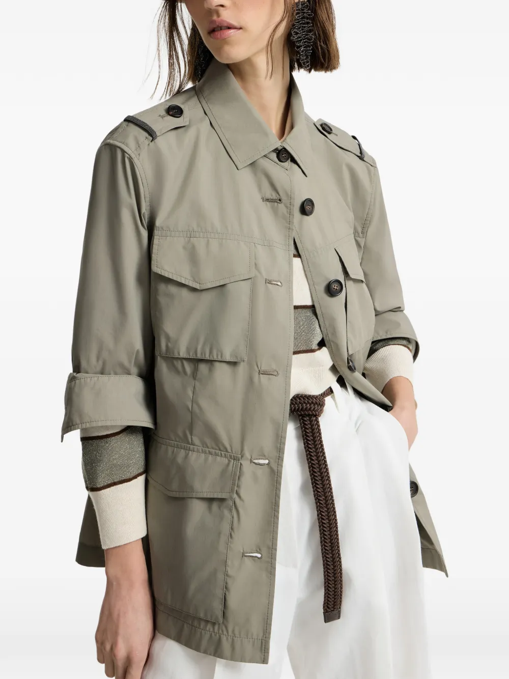 Brunello Cucinelli Jack met klepzak en knopen Beige