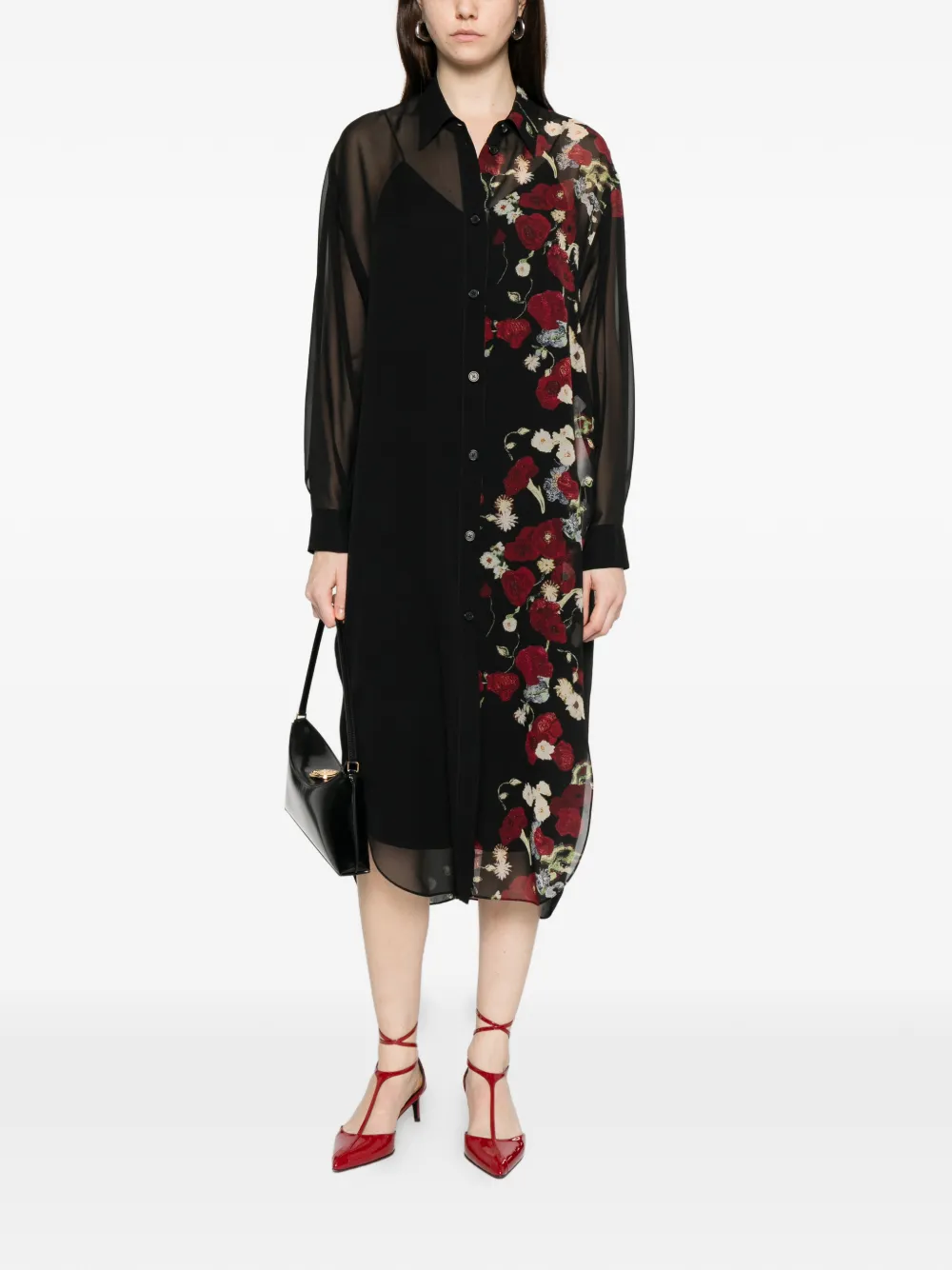 KHAITE floral-print midi shirt dress - Zwart