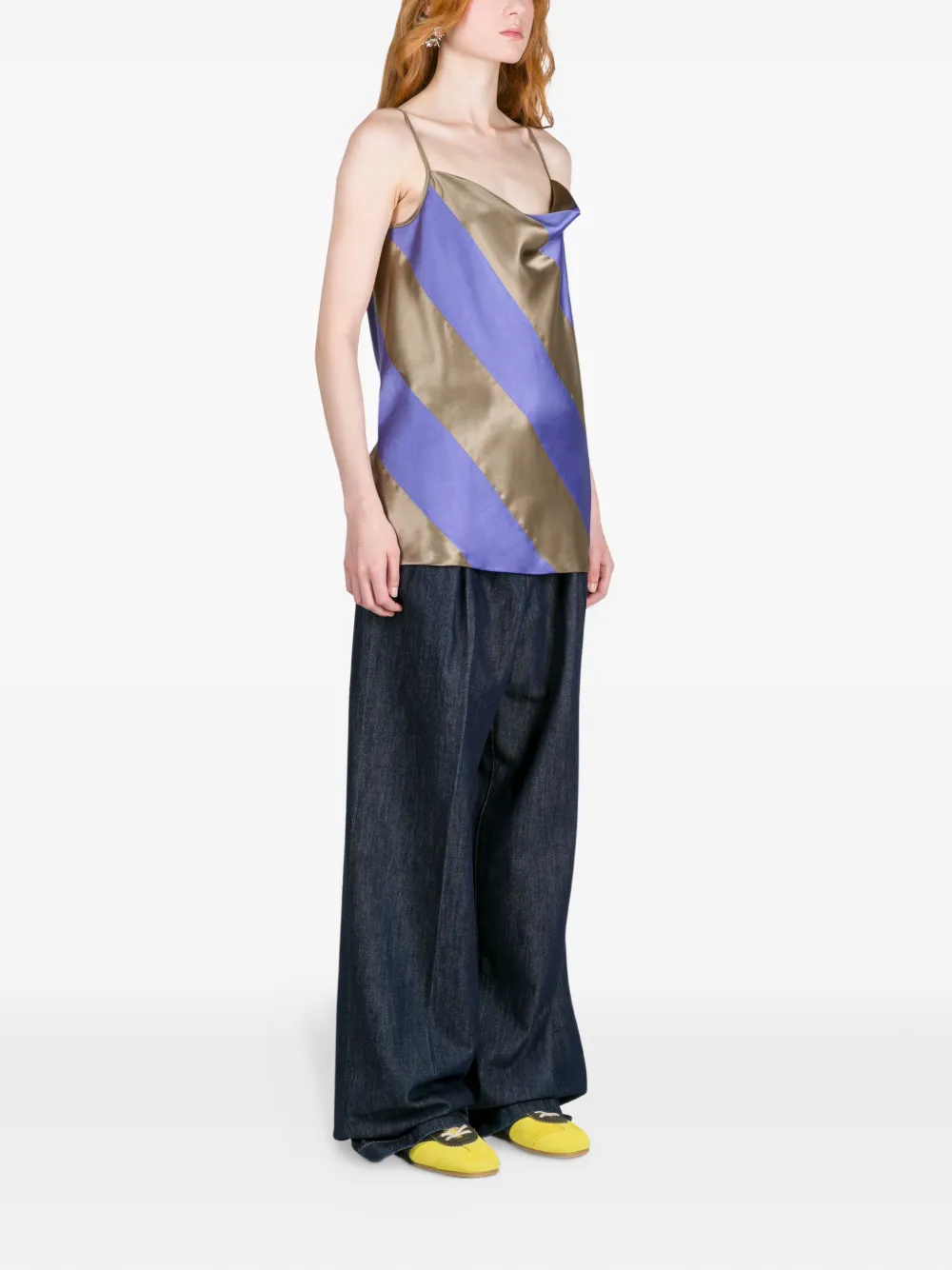 DRIES VAN NOTEN Gestreepte satijnen tanktop Bruin