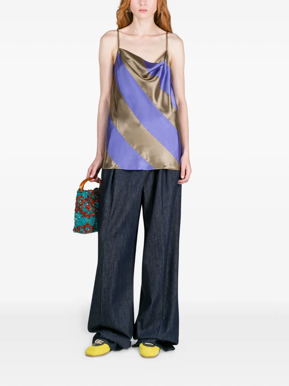 DRIES VAN NOTEN Gestreepte satijnen tanktop Bruin