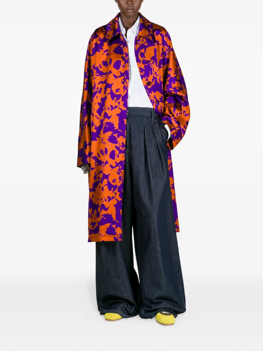 DRIES VAN NOTEN Satijnen jas met bloemen - Oranje