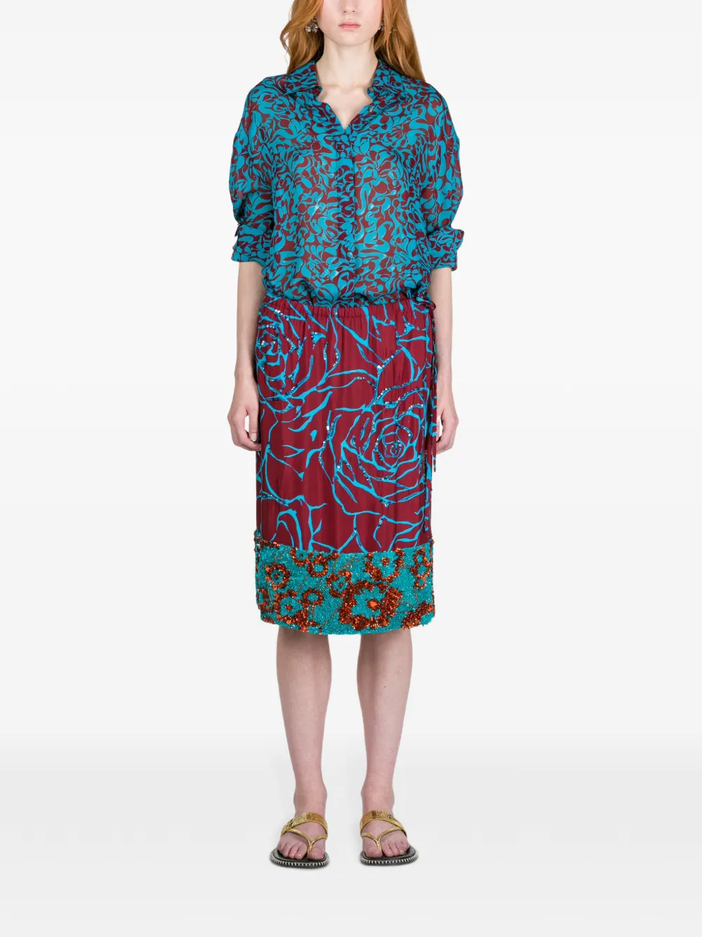 DRIES VAN NOTEN Ruimvallende blouse met turkoois print - Blauw