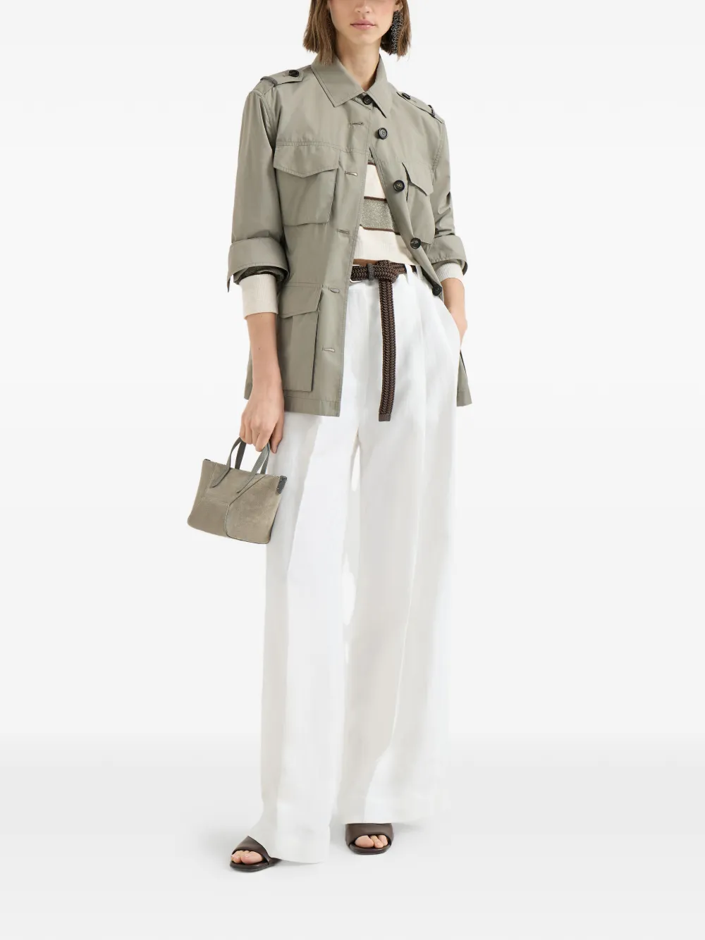 Viscose And Linen Fluid Twill Wide Trousers With Monili
