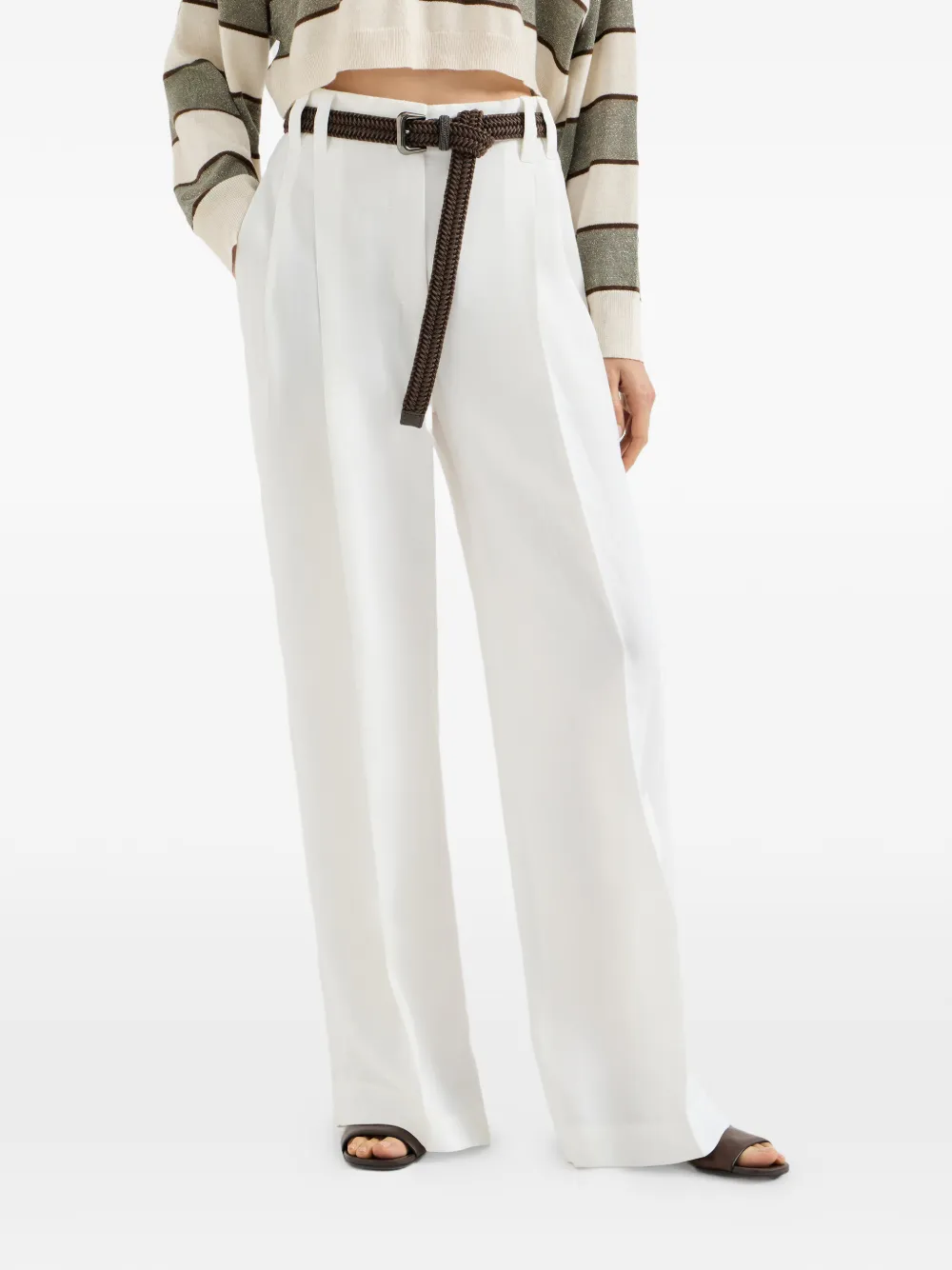 Viscose And Linen Fluid Twill Wide Trousers With Monili