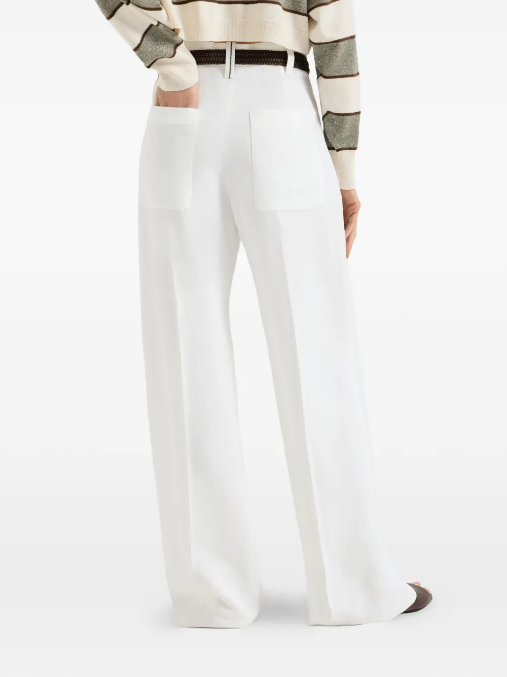 Viscose And Linen Fluid Twill Wide Trousers With Monili