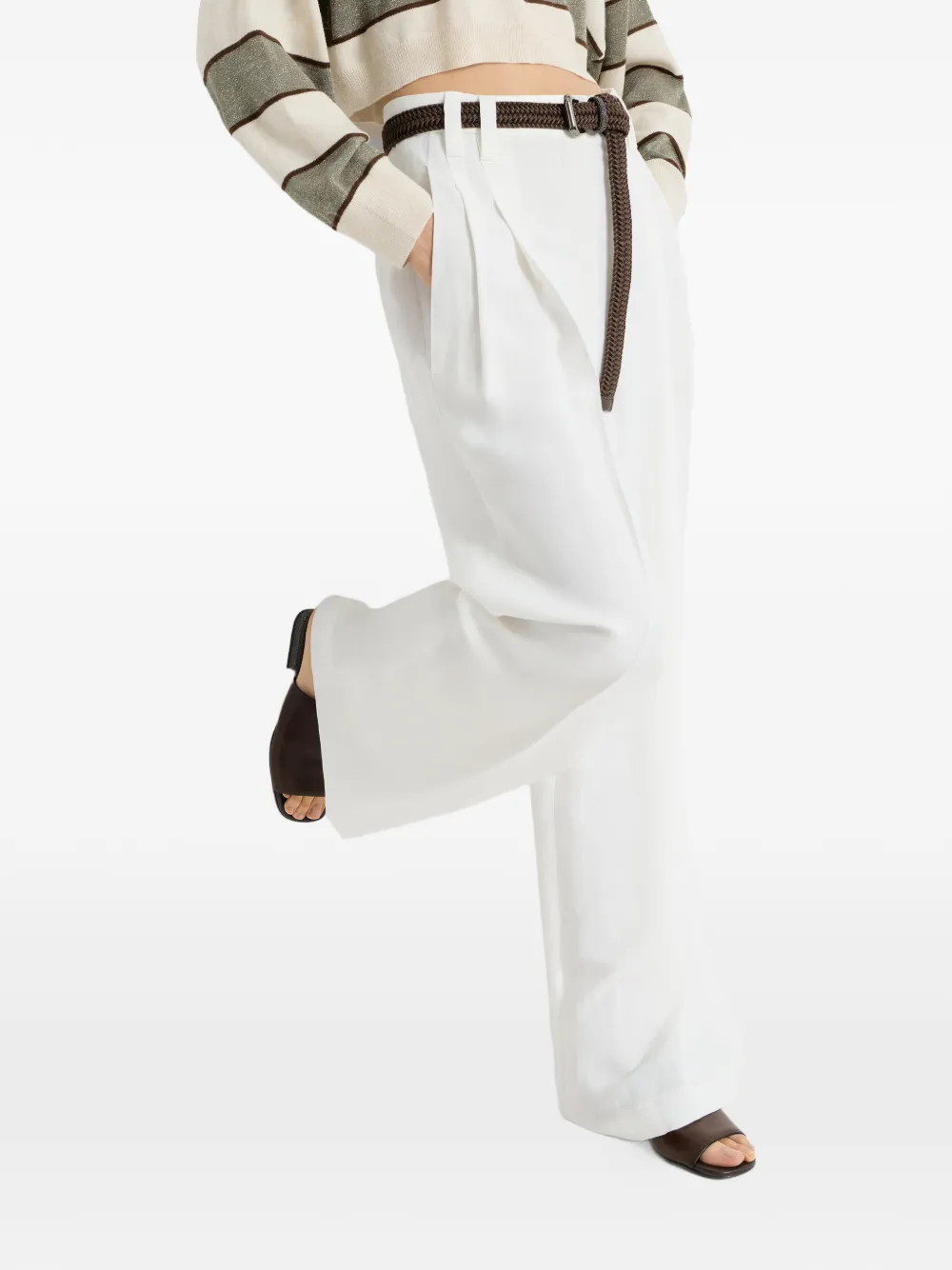 Viscose And Linen Fluid Twill Wide Trousers With Monili