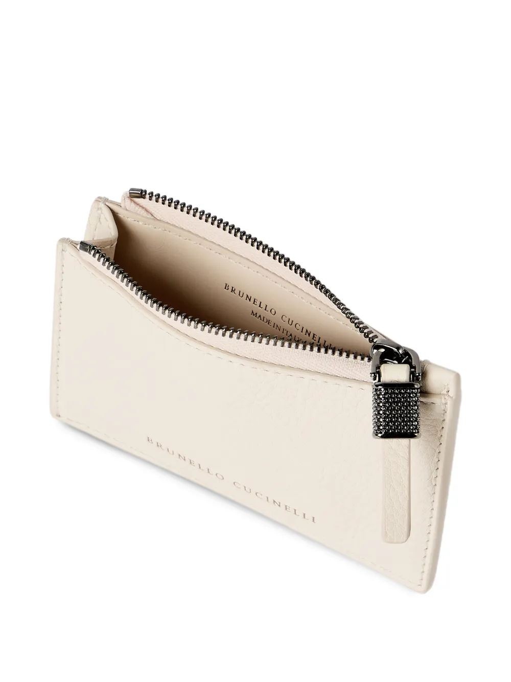  Brunello Cucinelli Grained Leather Card Case With Shiny Zipper Pull - Neutrals 