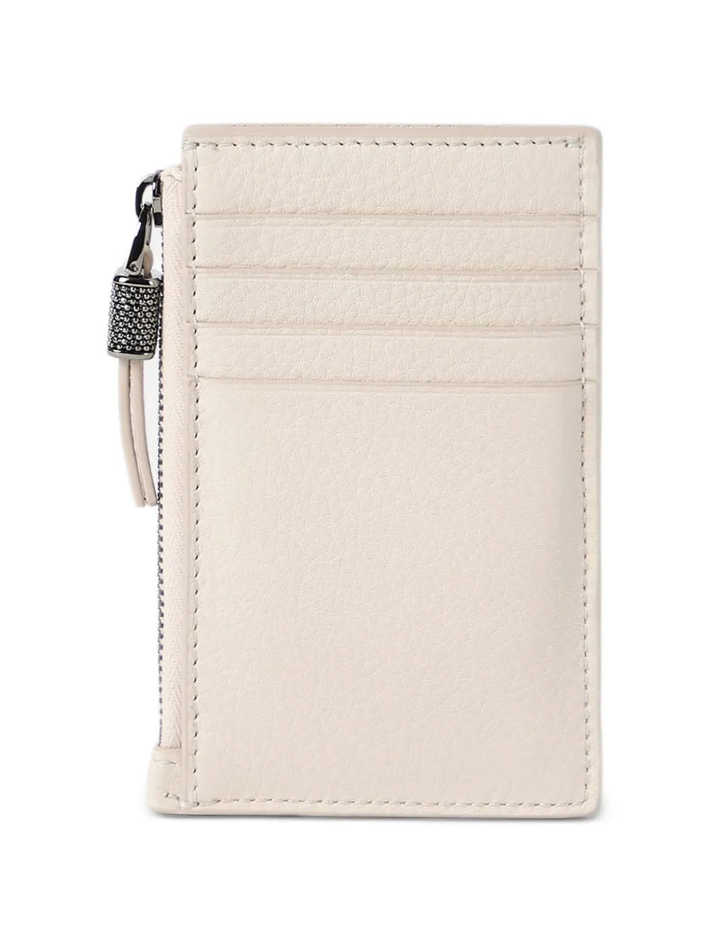  Brunello Cucinelli Grained Leather Card Case With Shiny Zipper Pull - Neutrals 