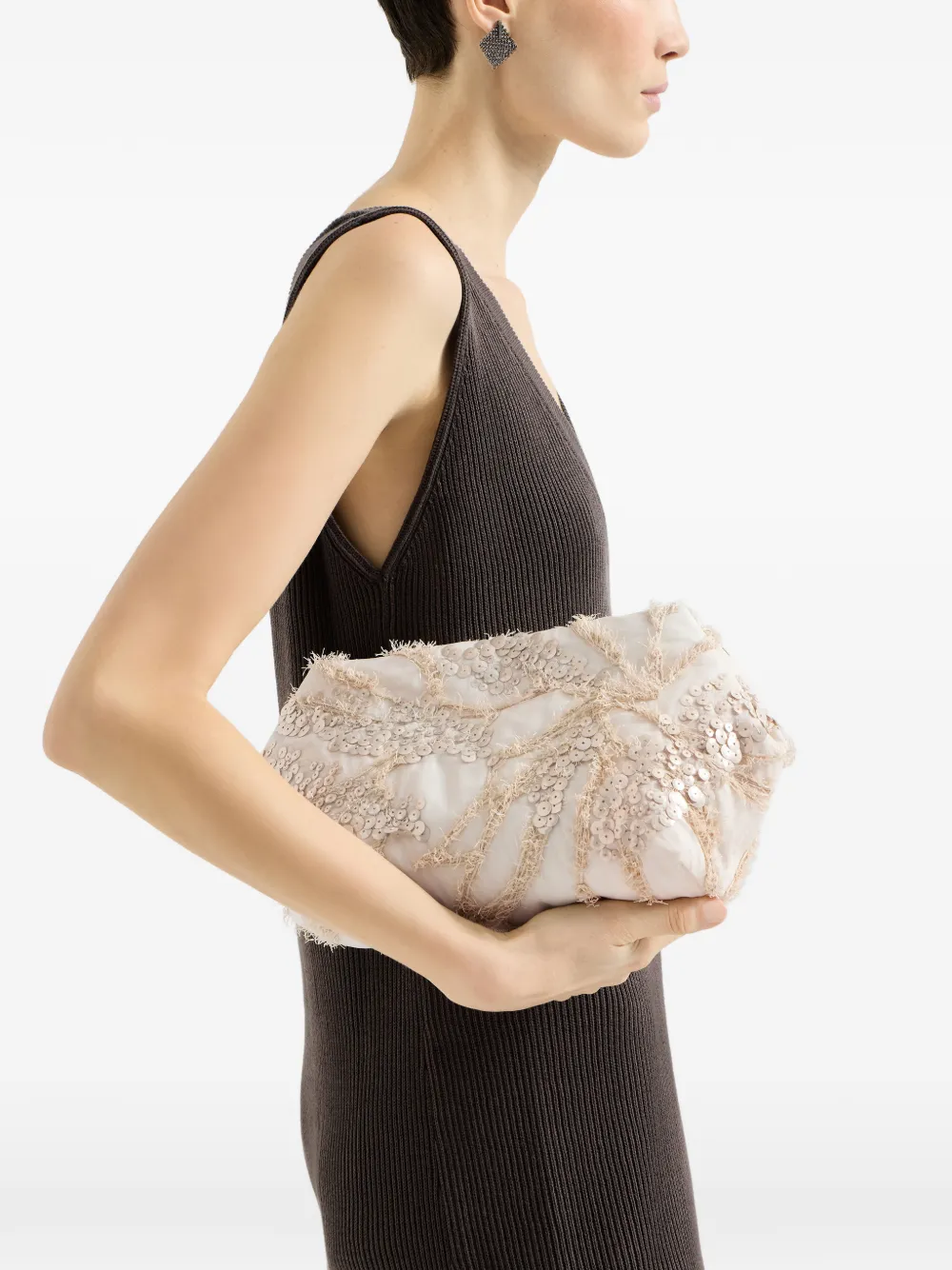  Brunello Cucinelli Silk Organza Pouch Bag With Dazzling Seabed Embroidery - Neutrals 