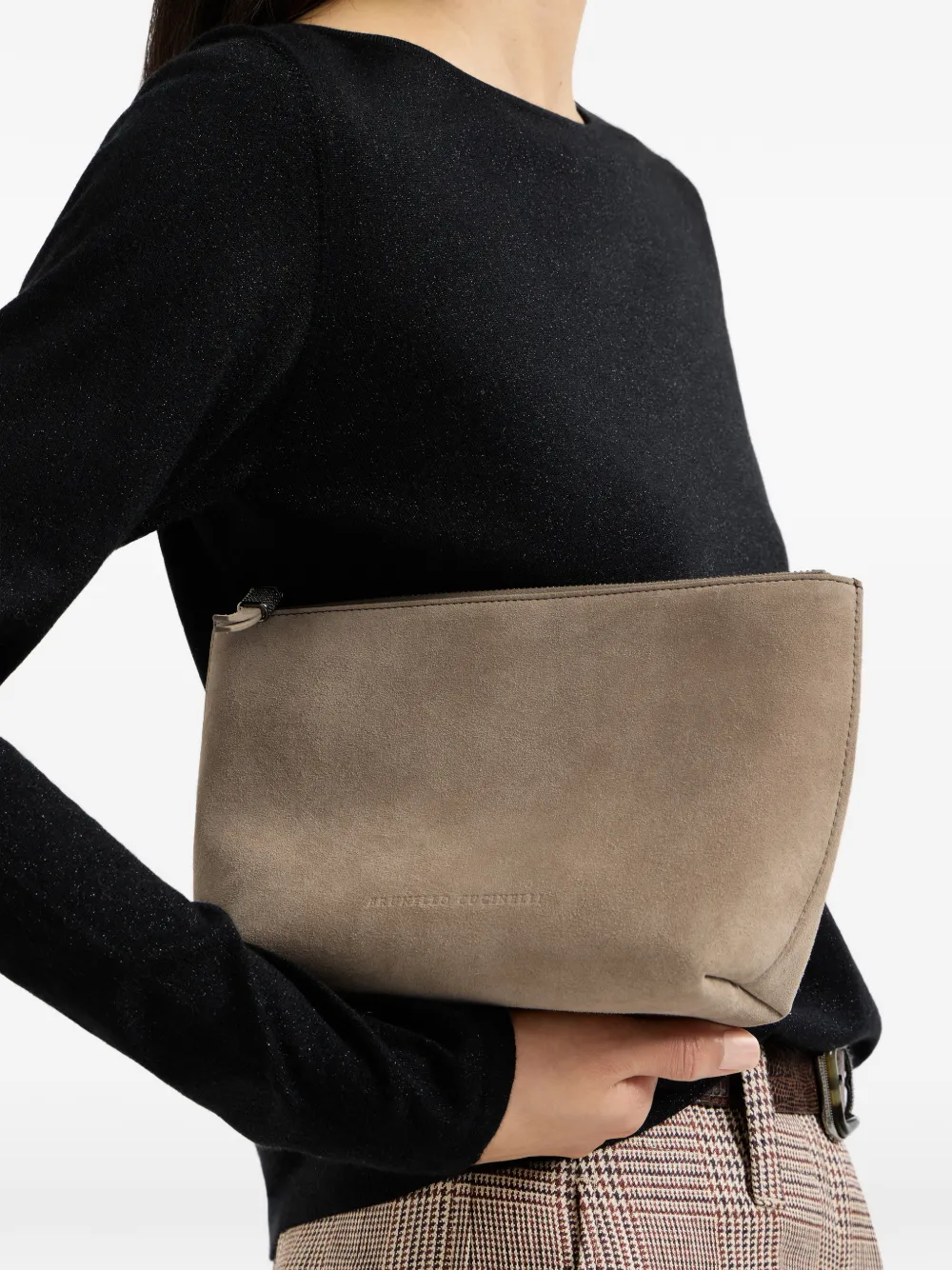  Brunello Cucinelli Suede Pouch With Shiny Zipper Pull - Grey 