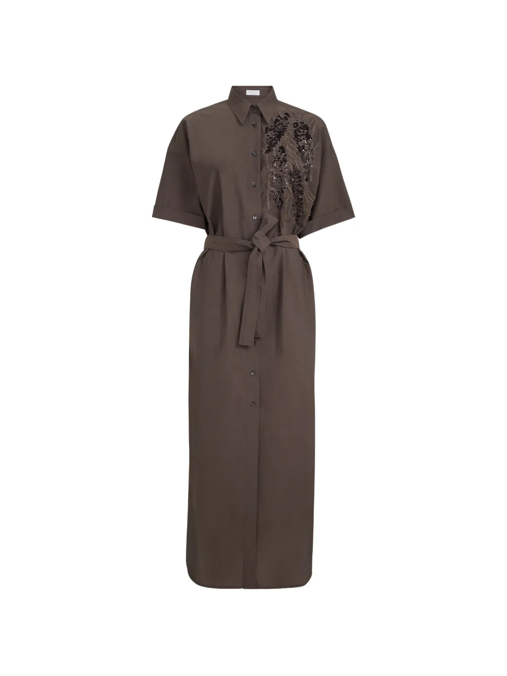 Brunello Cucinelli techno cotton poplin dress with dazzling seabed embroidery - Marrone