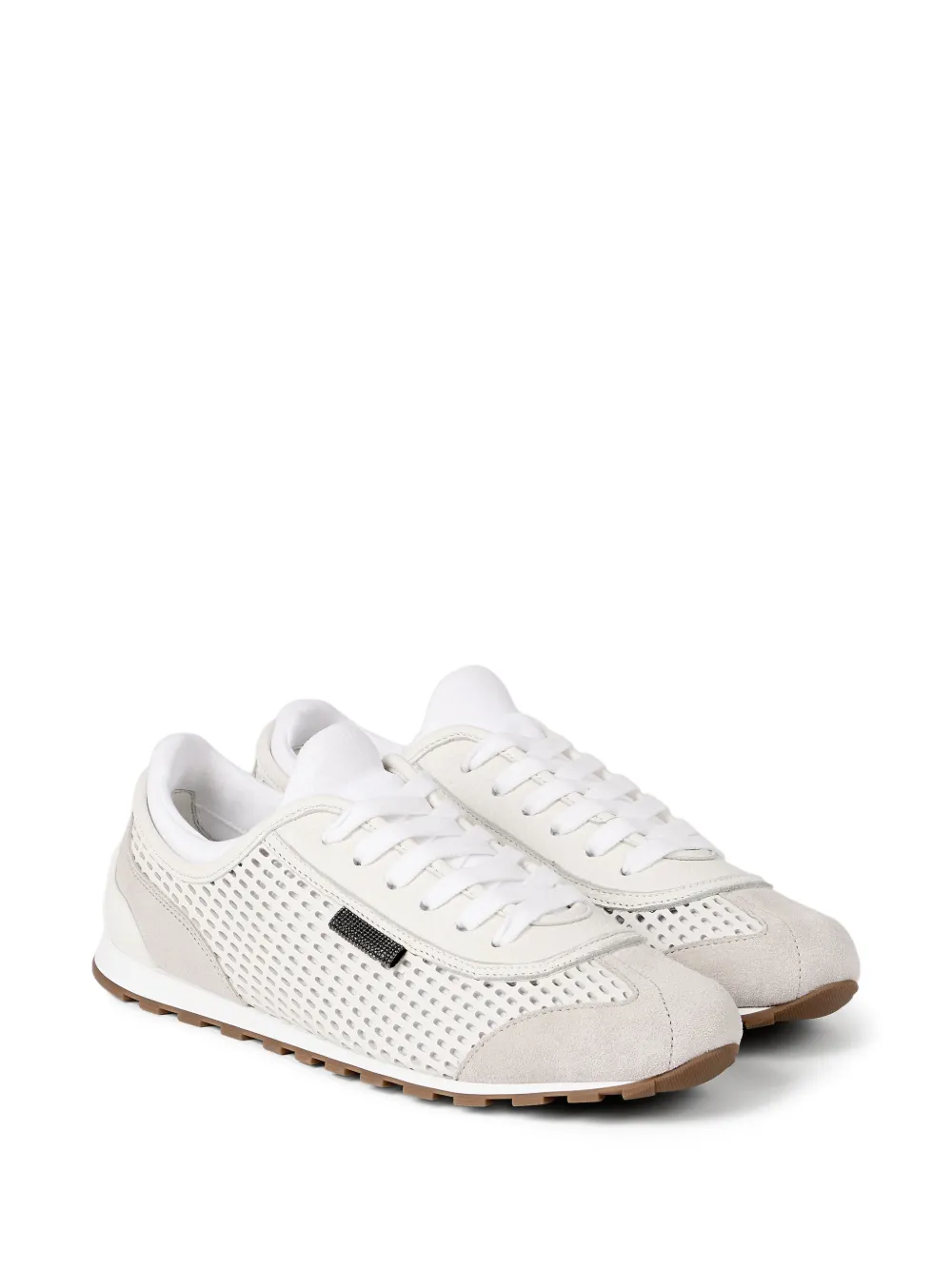 Brunello Cucinelli Suède sneakers met glanzende lus Beige