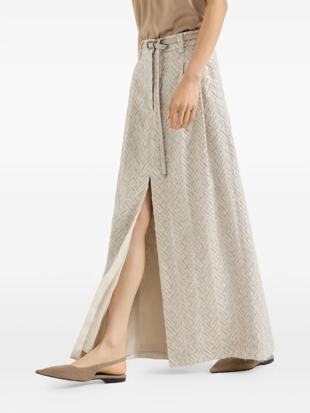 Brunello Cucinelli High-waist maxi-rok met chevron-streep Beige