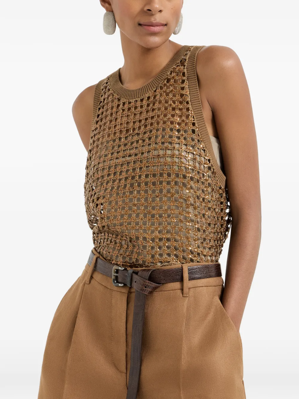 Brunello Cucinelli Top met geborduurd net Bruin