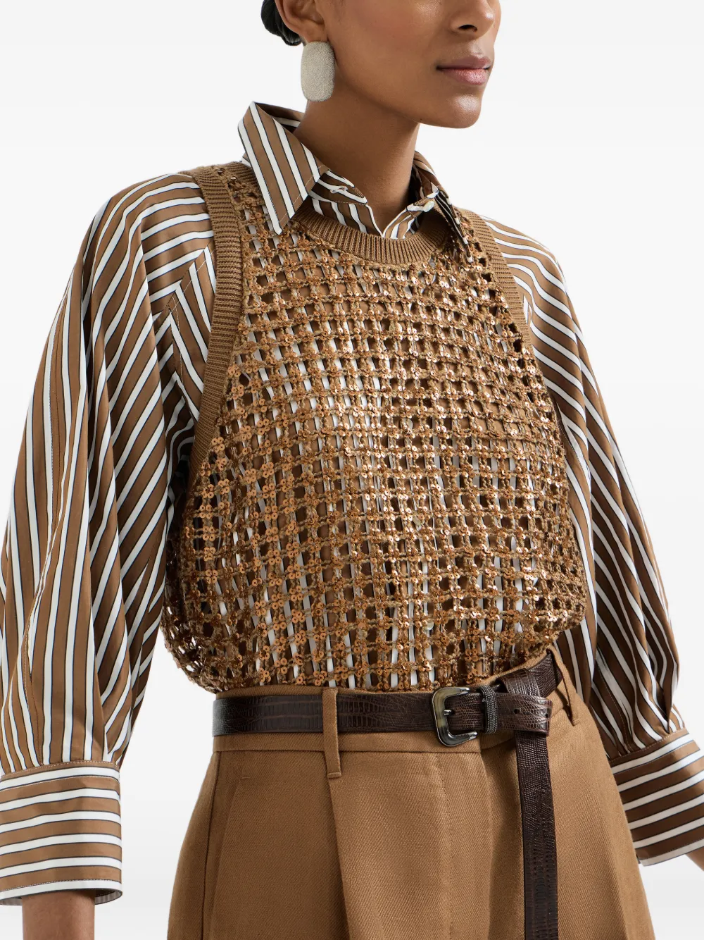 Brunello Cucinelli Top met geborduurd net Bruin